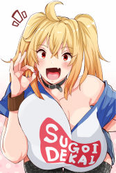 Rule 34 | 1girl, 41 (taskmaster41), absurdres, ahoge, black collar, blonde hair, blush, borrowed character, breasts, collar, fang, highres, huge breasts, leaning forward, long hair, looking at viewer, meme attire, open mouth, original, raglan sleeves, red eyes, romaji text, saaya (kirome), shirt, simple background, smile, solo, sugoi dekai, t-shirt, twintails, uzaki-chan wa asobitai!, virtual youtuber, white background