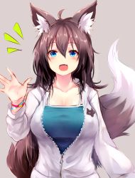 Rule 34 | 1girl, ahoge, animal ears, blue eyes, blush, breasts, brown hair, fang, fox ears, fox girl, fox tail, hair between eyes, highres, jacket, large breasts, open mouth, original, sketch, smile, solo, sukemyon, tail, track jacket, unzipped, upper body, waving