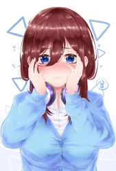 Rule 34 | 1girl, blue cardigan, blue eyes, blush, breasts, brown hair, cardigan, collared shirt, dress shirt, go-toubun no hanayome, gradient background, hair between eyes, hands on own face, highres, joshjostar0729, large breasts, long hair, looking at viewer, nakano miku, shirt, solo, tears, upper body, wavy mouth, white background, white shirt