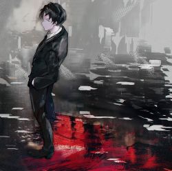 Rule 34 | 1boy, black footwear, black hair, black jacket, black necktie, black pants, black suit, blood, blood splatter, closed mouth, collared shirt, dainatsu, formal, from side, full body, grey background, grey eyes, hand in pocket, highres, jacket, library of ruina, looking at viewer, male focus, necktie, pants, parted bangs, profile, project moon, roland (project moon), shirt, short hair, sideways glance, solo, suit, white shirt