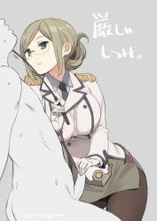 Rule 34 | 1boy, 1girl, ass, breasts, brown hair, clothed female nude male, copyright request, epaulettes, erection, femdom, glasses, gloves, green eyes, grey background, handjob, katori (kancolle), large breasts, military, military uniform, nora higuma, nude, pantyhose, penis, short hair, simple background, skirt, sweat, uniform, white gloves