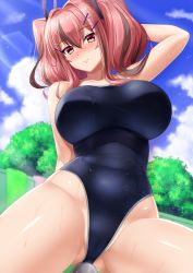 Rule 34 | 1girl, arm behind head, azur lane, blue sky, blush, breasts, bremerton (azur lane), collarbone, covered navel, day, grey hair, hair ornament, hairclip, highres, large breasts, looking at viewer, multicolored hair, one-piece swimsuit, outdoors, pink eyes, pink hair, school swimsuit, shibata rai, sidelocks, sky, smile, solo, swimsuit, twintails, two-tone hair, wet
