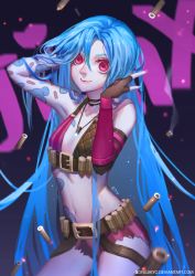 Rule 34 | 1girl, adjusting hair, alternate hairstyle, bikini, bikini top only, blue hair, bullet, flat chest, hair down, holster, jinx (league of legends), league of legends, long hair, looking at viewer, nail polish, navel, pink eyes, short shorts, shorts, simple background, solo, songjikyo, stomach, swimsuit, tattoo, thigh holster, very long hair