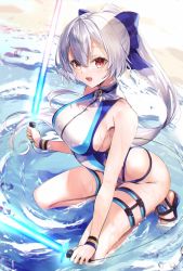Rule 34 | 1girl, :d, armpits, bare shoulders, beach, blue bow, bow, breasts, eyes visible through hair, fate/grand order, fate (series), hair between eyes, hair bow, hane yuki, highres, holding, holding weapon, in water, katana, kneeling, large breasts, long hair, looking at viewer, ocean, open mouth, ponytail, red eyes, ribbon, sand, sandals, sideboob, silver hair, smile, solo, swimsuit, sword, thigh strap, tomoe gozen (fate), tomoe gozen (swimsuit saber) (fate), tomoe gozen (swimsuit saber) (first ascension) (fate), very long hair, weapon