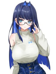 Rule 34 | 1girl, absurdres, adjusting eyewear, bare shoulders, black-framed eyewear, blue eyes, blue hair, blunt bangs, blunt ends, breasts, clothing cutout, colored inner hair, dark blue hair, glasses, hair intakes, high-waist pants, highres, hololive, hololive english, ladymelt, large breasts, leaning to the side, long hair, looking at viewer, multicolored hair, official alternate costume, ouro kronii, ouro kronii (casual), pants, semi-rimless eyewear, shoulder cutout, sidelocks, simple background, solo, sweater, sweater tucked in, tented shirt, turtleneck, turtleneck sweater, under-rim eyewear, upper body, virtual youtuber, white background