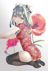 Rule 34 | 1girl, ass, black thighhighs, breasts, bun cover, cha chya, china dress, chinese clothes, double bun, dress, flower, gold trim, green hair, hair bun, highres, hololive, looking at viewer, looking to the side, no shoes, red dress, red eyes, red flower, seiza, short dress, short hair, short sleeves, sitting, small breasts, solo, thighhighs, thighs, uruha rushia, v-shaped eyebrows, virtual youtuber, white background