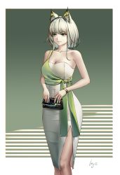 Rule 34 | 1girl, absurdres, alternate costume, animal ears, arknights, bare arms, bare shoulders, breasts, cleavage, commentary request, dress, feet out of frame, green eyes, highres, holding, kal&#039;tsit (arknights), long loye, pencil dress, short hair, side slit, silver hair, single strap, solo, standing, white dress