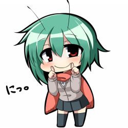 Rule 34 | 1girl, alternate costume, antennae, black thighhighs, chibi, fingersmile, forced smile, green hair, looking at viewer, pleated skirt, red eyes, scarf, school uniform, short hair, skirt, solo, thighhighs, touhou, translation request, twumi, wriggle nightbug, zettai ryouiki