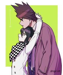 Rule 34 | 2boys, arms around neck, arms up, black hair, brown hiar, checkered clothes, checkered neckwear, checkered scarf, chin rest, commentary request, danganronpa (series), danganronpa v3: killing harmony, facial hair, from side, frown, goatee, green background, hand in pocket, head on head, head rest, highres, jacket, long sleeves, male focus, momota kaito, multiple boys, nagi to (kennkenn), open mouth, oma kokichi, pink jacket, purple eyes, scarf, space print, spiked hair, starry sky print, twitter username, white background, white jacket