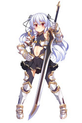 Rule 34 | 1girl, absurdres, arm up, armored boots, bare shoulders, black footwear, black ribbon, black shirt, black skirt, black thighhighs, boots, braid, clothing cutout, copyright request, full body, gauntlets, hair between eyes, hair ribbon, highres, holding, holding sword, holding weapon, long hair, navel, navel cutout, pleated skirt, racer (magnet), red eyes, ribbon, shirt, side braid, silver hair, simple background, single braid, skirt, sleeveless, sleeveless shirt, solo, standing, sword, thigh boots, thighhighs, very long hair, weapon, white background