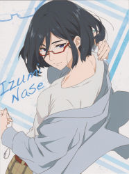 Rule 34 | 10s, 1girl, absurdres, belt, belt skirt, black hair, blue eyes, character name, glasses, highres, jewelry, unworn jewelry, kyoukai no kanata, looking at viewer, mole, mole under mouth, nape, nase izumi, necklace, unworn necklace, official art, plaid, plaid skirt, red-framed eyewear, scan, short hair, simple background, skirt, smile, solo