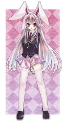 Rule 34 | 1girl, animal ears, arms behind back, bad id, bad pixiv id, blazer, chain, checkered background, cuffs, female focus, gradient eyes, handcuffs, highres, jacket, light purple hair, loafers, long hair, multicolored eyes, necktie, petticoat, rabbit ears, red eyes, reisen udongein inaba, shoes, smile, solo, tahya, thighhighs, touhou, white thighhighs, zettai ryouiki