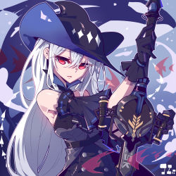Rule 34 | 1girl, arknights, ascot, bare shoulders, black ascot, black gloves, black hat, chinese commentary, commentary request, gloves, hat, highres, holding, holding sword, holding weapon, imazawa, long hair, looking at viewer, low-tied long hair, orca, partial commentary, red eyes, silver hair, skadi (arknights), skadi (elite ii) (arknights), solo, sword, upper body, very long hair, weapon