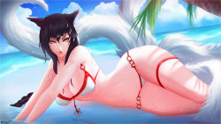 Rule 34 | 1girl, ahri (league of legends), animal ears, bikini, black hair, blue sky, breasts, closed mouth, cloud, day, facial mark, fox ears, fox tail, highres, large breasts, league of legends, lips, long hair, looking at viewer, mcdobo, multiple tails, sky, smile, solo, swimsuit, tail, thigh strap, water, wet, whisker markings, yellow eyes