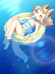 Rule 34 | 1girl, air bubble, animal ears, anklet, barefoot, blonde hair, blush, bracelet, braid, bubble, commentary request, day, fish, flat chest, food, fox ears, fox girl, fox tail, full body, hair ornament, innertube, jewelry, kawagoe pochi, knees up, lens flare, looking at viewer, mouth hold, navel, necklace, original, outdoors, partially submerged, popsicle, purple eyes, short hair, solo, swim ring, swimsuit, tail, thick eyebrows, water