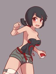 1girl adapted_costume bare_shoulders black_hair blush breasts covered_navel creatures_(company) dark-skinned_female dark_skin game_freak highres holding holding_poke_ball looking_at_viewer nintendo open_mouth poke_ball poke_ball_(basic) pokemon pokemon_oras red_eyes short_hair short_ponytail short_shorts shorts simple_background solo thighhighs yan_pai zinnia_(pokemon)