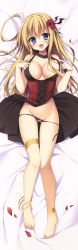 Rule 34 | 1girl, :d, absurdres, anklet, areola slip, bare arms, bare legs, bare shoulders, barefoot, black dress, black panties, blonde hair, blue eyes, blush, breasts, cleavage, clothes lift, collarbone, copyright request, dakimakura (medium), dress, dress lift, feet, fingernails, flower, full body, gluteal fold, groin, hair between eyes, hair flower, hair ornament, head tilt, highres, huge filesize, jewelry, knees together feet apart, large breasts, long fingernails, long legs, looking at viewer, looking up, lying, matsumiya kiseri, nail polish, on back, open mouth, panties, petals, pink nails, pulling own clothes, red flower, red rose, rose, rose petals, shiny skin, side-tie panties, sleeveless, sleeveless dress, smile, solo, strap pull, tareme, thigh gap, thigh strap, toes, underwear, untied panties