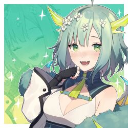 Rule 34 | 1girl, black gloves, breasts, cleavage, cleavage cutout, clothing cutout, detached sleeves, fangs, feather boa, fingerless gloves, flower, gloves, green eyes, green hair, hair flower, hair ornament, hand up, highres, horns, indie virtual youtuber, matsuda sousuke, medium breasts, multiple views, open mouth, rokuri syao, second-party source, short hair, upper body, virtual youtuber, wide sleeves
