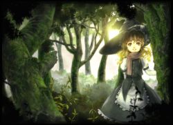 Rule 34 | 1girl, black hat, blonde hair, brown eyes, brown hair, embellished costume, female focus, forest, frills, hat, kirisame marisa, looking at viewer, nature, open mouth, perfect cherry blossom, scarf, smile, solo, touhou, witch hat
