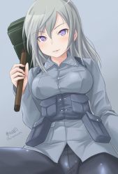 Rule 34 | 1girl, ammunition belt, artist name, aurora e. juutilainen, bad id, bad twitter id, blue background, blue jacket, breasts, explosive, grenade, hammer, haruhata mutsuki, holding, jacket, kasapanos, long hair, long sleeves, looking at viewer, medium breasts, military, panties, panties under pantyhose, pantyhose, parted lips, purple eyes, satchel charge, signature, silver hair, sitting, smile, solo, strike witches: aurora no majo, twitter username, underwear, uniform, world witches series
