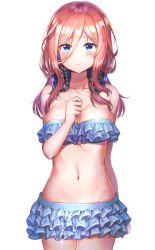 Rule 34 | 1girl, absurdres, bandeau, bare shoulders, bikini, blue bikini, blue eyes, blush, breasts, cleavage, closed mouth, collarbone, commentary, cowboy shot, frilled bikini, frills, frown, go-toubun no hanayome, hair between eyes, hand up, headphones, headphones around neck, highres, light particles, long hair, looking at viewer, medium breasts, nakano miku, navel, pink hair, revision, simple background, solo, stomach, strapless, strapless bikini, sunhyun, swimsuit, white background