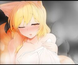 Rule 34 | 1girl, ;o, animal ears, blonde hair, blush, commentary, fox ears, fox girl, fox tail, letterboxed, looking at viewer, mizuga, multiple tails, naked towel, one eye closed, open mouth, short hair, solo, sweat, symbol-only commentary, tail, touhou, towel, upper body, yakumo ran, yellow eyes