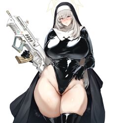 Rule 34 | 1girl, assault rifle, black leotard, black thighhighs, blue archive, blush, breasts, bullpup, cleft of venus, closed mouth, coif, cowboy shot, crossed bangs, curvy, gloved sleeves, grey hair, groin, gun, habit, hair between eyes, halo, highleg, highleg leotard, highres, holding, holding gun, holding weapon, huge breasts, impossible clothes, impossible leotard, iwi tavor, justina follower (blue archive), latex, latex legwear, latex leotard, latex thighhighs, leotard, long hair, long sleeves, looking at viewer, nun, partially visible vulva, purple eyes, rifle, sakurako (blue archive), simple background, skindentation, solo, standing, steaming body, sweat, thick thighs, thighhighs, thighs, thirty 8ght, very long hair, weapon, wedgie, white background, wide hips