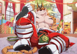Rule 34 | 1boy, abs, absurdres, animal ears, ass, bara, bare pectorals, beige fur, blush, bulge, drunk, facial hair, feet, fur-trimmed jacket, fur-trimmed legwear, fur trim, furry, furry male, goatee, highres, jacket, kenzofong, large pectorals, live a hero, male focus, mature male, muscular, muscular male, nipples, official alternate costume, one eye closed, open clothes, open jacket, orange fur, pectorals, pelvic curtain, red jacket, ryekie (drunk tiger) (live a hero), ryekie (live a hero), santa costume, short hair, soles, solo, spread legs, stomach, thick thighs, thighs, tiger boy, tiger ears, two-tone fur, wet