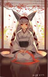 Rule 34 | 1girl, absurdres, animal ear fluff, animal ears, autumn leaves, dated, fox ears, fox girl, grey hair, hands on lap, highres, japanese clothes, kimono, long hair, long sleeves, looking at viewer, obi, original, parted lips, red eyes, reflection, sash, sitting, sketch, sleeves past wrists, smile, solo, very long hair, white kimono, wide sleeves, yuuji (yukimimi)