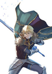 Rule 34 | 1boy, absurdres, armor, black gloves, blonde hair, blue cape, blue eyes, cape, collared cape, excalibur galatine (fate), fate/extra, fate/grand order, fate (series), fighting stance, fur collar, gauntlets, gawain (fate), gloves, highres, holding, holding sword, holding weapon, knight, knights of the round table (fate), long sleeves, looking to the side, male focus, short hair, simple background, solo, sword, user dgup5824, weapon, white background