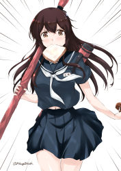 Rule 34 | 1girl, akagi (kancolle), bare legs, bread slice, brown hair, food, food in mouth, kantai collection, long hair, mikage takashi, motion lines, mouth hold, name tag, navel, school uniform, serafuku, signature, toast, toast in mouth, yellow eyes