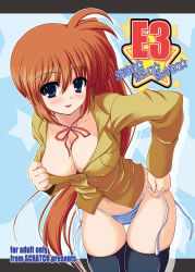 Rule 34 | 00s, 1girl, bent over, black thighhighs, blue eyes, blue panties, blush, breasts, brown hair, cleavage, clothes pull, cover, covered erect nipples, downblouse, johnny (from scratch), large breasts, long hair, lyrical nanoha, mahou shoujo lyrical nanoha, mahou shoujo lyrical nanoha strikers, naughty face, panties, ponytail, shirt pull, side-tie panties, side ponytail, smile, solo, striped clothes, striped panties, takamachi nanoha, thigh gap, thighhighs, thighs, underwear, undressing, untied, very long hair