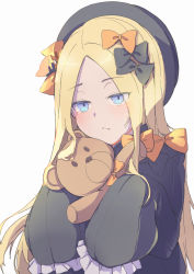 Rule 34 | 1girl, abigail williams (fate), absurdres, artist request, black bow, black dress, black hat, blonde hair, blue eyes, blush, bow, breasts, closed mouth, dress, fate/grand order, fate (series), forehead, hair bow, hat, highres, jitome, long hair, looking at viewer, multiple hair bows, orange bow, parted bangs, polka dot, polka dot bow, ribbed dress, sleeves past fingers, sleeves past wrists, small breasts, stuffed animal, stuffed toy, teddy bear