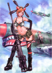 Rule 34 | 1girl, absurdres, aircraft, airplane, bikini, boots, breasts, browning m2, cleavage, cloud, elbow gloves, front-tie top, gloves, green eyes, gun, heavy machine gun, highres, machine gun, medium breasts, orange hair, p-40, short hair, solo, swimsuit, thighhighs, weapon, wild flower, yamashita shun&#039;ya