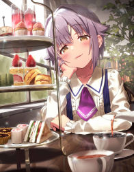 Rule 34 | 10s, 1girl, alternate costume, blush, brown eyes, cake, center frills, commentary request, cup, cupcake, day, eyebrows, food, frills, fruit, half-closed eyes, head rest, head tilt, highres, idolmaster, idolmaster cinderella girls, indoors, koshimizu sachiko, light purple hair, long sleeves, necktie, open mouth, pastry, plate, pouring, purple necktie, sandwich, saucer, short hair, sitting, smile, smug, solo, sonsoso, sparkle, strawberry, strawberry shortcake, table, tea, teacup, teapot, tiered tray, tray