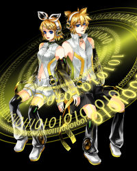 Rule 34 | 1boy, 1girl, bad id, bad pixiv id, bare shoulders, binary, blonde hair, blue eyes, bow, brother and sister, detached sleeves, hair ornament, hair ribbon, hairclip, headphones, highres, jeya, kagamine len, kagamine len (append), kagamine rin, kagamine rin (append), navel, ribbon, siblings, twins, vocaloid, vocaloid append