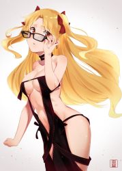 Rule 34 | 1girl, bare shoulders, blonde hair, blush, breasts, brown eyes, cleavage, commentary, commentary request, ereshkigal (fate), fate/grand order, fate (series), glasses, long hair, looking at viewer, medium breasts, murio, open mouth, parted bangs, red ribbon, revealing clothes, ribbon, solo, standing, twintails, two side up