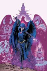 Rule 34 | 1girl, bird, blue cloak, candle, cape, cloak, colored skin, commentary, crow, dc comics, demon, detached sleeves, earrings, english commentary, extra eyes, full body, highres, jewelry, long sleeves, looking at viewer, magic, meditation, nicolascottart, official art, purple nails, raven (dc), solo, superhero costume, teen titans, western comics (style), witch