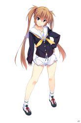 Rule 34 | 10s, 1girl, brown hair, full body, hand on own hip, island (game), kurutsu karen, kuuchuu yousai, long hair, long sleeves, looking at viewer, official art, purple eyes, shoes, short hair, short shorts, shorts, simple background, smile, sneakers, solo, twintails, white background