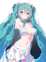 Rule 34 | 1girl, aqua eyes, aqua hair, bikini, blush, breasts, detached sleeves, hair ornament, halkawa501, hatsune miku, highres, long hair, long sleeves, looking at viewer, medium breasts, navel, number tattoo, see-through, see-through skirt, simple background, skirt, sleeves past wrists, solo, striped bikini, striped clothes, swimsuit, tattoo, twintails, very long hair, vocaloid, white background