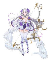 Rule 34 | 1girl, absurdres, arms at sides, blue eyes, bow (weapon), breasts, cleavage, detached sleeves, flower, full body, gluteal fold, hair flower, hair ornament, highres, holding, holding bow (weapon), holding weapon, jia kwon, leotard, long hair, long sleeves, looking at viewer, medium breasts, original, purple flower, purple footwear, simple background, solo, strapless, strapless leotard, thighhighs, weapon, white background, white hair, white thighhighs