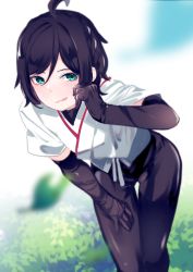 Rule 34 | 1girl, absurdres, ahoge, black bodysuit, black gloves, black hair, blurry, blurry background, blurry foreground, bodysuit, braid, closed mouth, commentary request, depth of field, doushi tatsu to dekkai no, elbow gloves, falling leaves, gloves, green eyes, hair between eyes, hand on own thigh, highres, leaf, leaning forward, licking lips, looking at viewer, original, short sleeves, smile, solo, swept bangs, tongue, tongue out