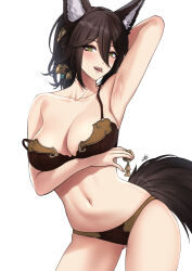Rule 34 | 1girl, animal ear fluff, animal ears, arm behind head, arm up, armpits, black hair, bra, breasts, brown bra, brown panties, collarbone, contrapposto, fox ears, fox girl, fox tail, gluteal fold, green eyes, hair ornament, highres, honkai: star rail, honkai (series), large breasts, navel, open mouth, panties, ponytail, simple background, solo, stomach, strap slip, tail, teeth, thighs, tingyun (honkai: star rail), tongue, tongue out, underwear, underwear only, white background, xter