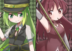 Rule 34 | 2girls, alina gray, black bow, black headwear, black necktie, black vest, blunt ends, blush, bow, breasts, brooch, chain, collar, cross tie, detached collar, fur cuffs, gem, green gemstone, green hair, hair between eyes, hair bow, hara (nanohara), hat, highres, jewelry, lapels, long hair, magia record: mahou shoujo madoka magica gaiden, magical girl, mahou shoujo madoka magica, mouth hold, multicolored clothes, multicolored hair, multicolored skirt, multiple girls, necktie, notched lapels, peaked cap, pleated skirt, polearm, ponytail, puffy short sleeves, puffy sleeves, red eyes, red hair, sakura kyoko, see-through, see-through sleeves, short sleeves, sidelocks, skirt, sleeve cuffs, small breasts, smile, spear, straight hair, streaked hair, striped clothes, striped skirt, v-neck, vertical-striped clothes, vertical-striped skirt, very long hair, vest, waist bow, weapon, white collar, white sleeves