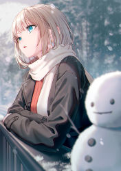 Rule 34 | 1girl, black jacket, blonde hair, blue eyes, commentary, earrings, eyelashes, highres, hyuuga azuri, jacket, jewelry, long sleeves, looking away, original, outdoors, parted lips, red sweater, scarf, short hair, snowing, snowman, solo, sweater, symbol-only commentary, upper body, white scarf