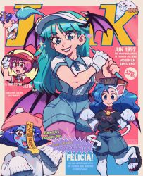 Rule 34 | 5girls, absurdres, alternate costume, animal collar, animal ears, animal print, bat print, bell, blue hair, book, book on head, casual, cat ears, claws, collar, collared shirt, cover, denim, denim shorts, english text, felicia (vampire), gloves, golf club, head wings, heart, highres, holding, holding golf club, jiangshi, lei lei, lilith aensland, low wings, magazine cover, morrigan aensland, multiple girls, neck bell, object on head, ofuda, oversized clothes, oversized shirt, pantyhose, pantyhose under shorts, purple hair, q-bee, sandals, sasquatch (vampire), sharp teeth, shirt, shorts, single glove, smile, sparkling eyes, speedoru, sweater, teeth, vampire (game), white gloves, wings