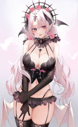 Rule 34 | 1girl, absurdres, bat wings, black gloves, black horns, blue eyes, breasts, cleavage, commission, cross, flower, gloves, hair flower, hair ornament, heterochromia, highres, horns, long hair, low twintails, low wings, medium breasts, navel, open mouth, original, pink flower, pink rose, pixiv commission, pointy ears, red eyes, rose, ru zhai, solo, thighhighs, twintails, vampire, white hair, wings