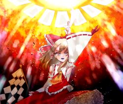 Rule 34 | 1girl, :o, arm up, ascot, bad id, bad pixiv id, between fingers, bow, brown hair, coco (235689 0m0), detached sleeves, frills, gohei, hair bow, hair tubes, hakurei reimu, holding, looking at viewer, multicolored eyes, nontraditional miko, ofuda, oonusa, red bow, red ribbon, ribbon, skirt, skirt set, solo, teeth, touhou, wide sleeves