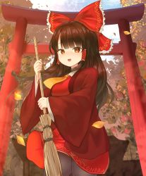 Rule 34 | 1girl, absurdres, autumn, autumn leaves, bathrobe, black pantyhose, blue sky, blush, bow, breasts, broom, brown eyes, brown hair, cloud, cloudy sky, collar, collared dress, dress, hair ornament, hair tubes, hakurei reimu, hands up, has bad revision, has downscaled revision, highres, leaf, long hair, long sleeves, looking at viewer, md5 mismatch, medium breasts, necktie, omaesan (camp-192), open clothes, open mouth, pantyhose, red bow, resolution mismatch, shrine, sky, smile, solo, source smaller, standing, sunlight, torii, touhou, tree, wide sleeves, yellow necktie