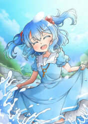 Rule 34 | 1girl, absurdres, blue dress, blue sky, closed eyes, cloud, commentary, dress, facing viewer, hair bobbles, hair ornament, highres, kawashiro nitori, key, korean commentary, open mouth, outdoors, qudtjr4682, short hair, short sleeves, sky, smile, solo, teeth, touhou, two side up, upper teeth only, wading